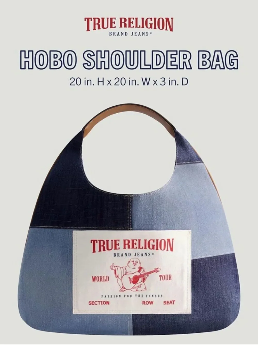 True Religion Blue White Patchwork Fade Denim Ticket Patch Hobo Shoulder Bag NEW